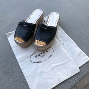 Prada Leather Peep-Toe Platform Espadrilles